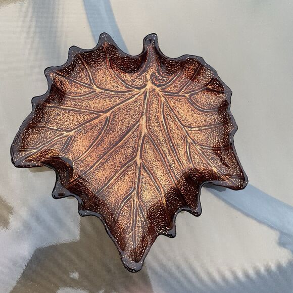 SUGAR MAPLE LEAF PLATE GLASS AMBER GLOW CHEESE CANDY SERVE DISH Sparkling - Picture 6 of 11